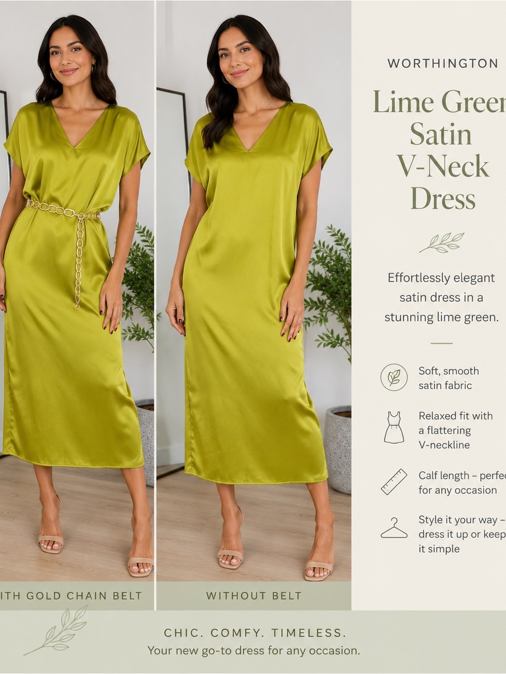 Worthington Lime Green Satin V-Neck Dress
